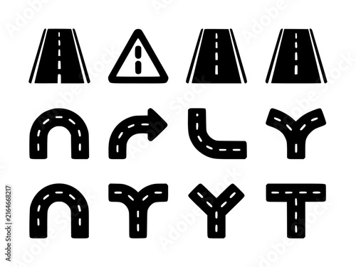 Set of black and white road and highway featuring various turns, intersections, and traffic path symbols