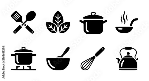 Set of black kitchenware featuring cooking utensils, pots, pans, and healthy food ingredients for