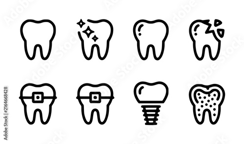 Set of dental featuring teeth conditions, braces, implants, and oral health care symbols in line style