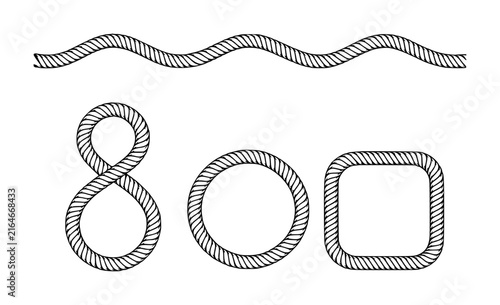 Set of decorative rope including a wavy line, figure eight, circle, and rounded square frame