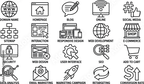 Obraz na płótnie Set of black and white outline web design development and online marketing icons