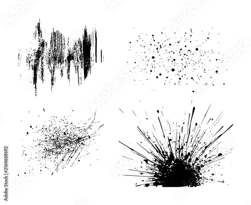 Set of four artistic black ink splatter and grunge brush stroke textures isolated on a clean white background
