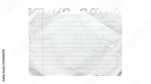 Crumpled lined paper, a single torn sheet of distressed notebook paper, white textured background for notes and messages, isolated blank paper element for design projects