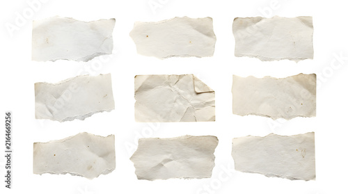 Torn paper collection, nine distressed vintage paper pieces, crumpled and aged texture, isolated on white for graphic design elements, rustic backgrounds, or message notes.