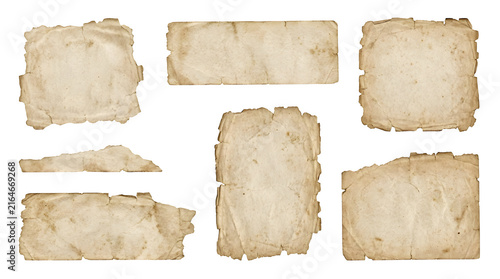 Aged vintage paper collection, antique parchment texture set, rustic brown stained paper elements, distressed old paper backgrounds for graphic design projects