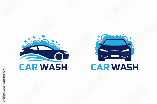 Set of two car wash featuring blue vehicle silhouettes with soap bubbles and foam