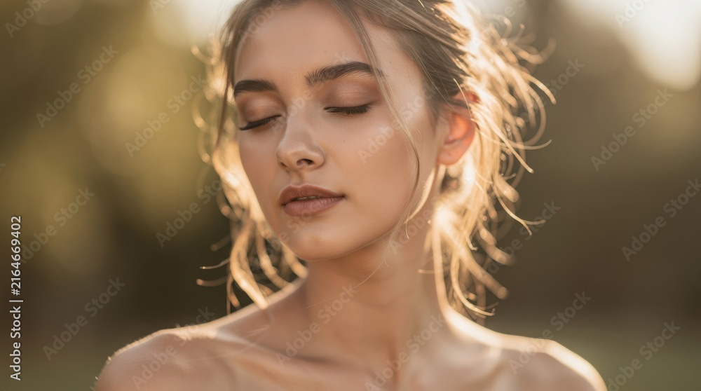 Obraz premium A serene young woman with closed eyes and soft makeup enjoys a peaceful moment in warm, natural sunlight with a blurred outdoor background.