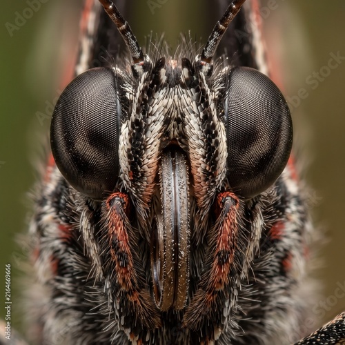 Extreme macro frontal portrait of a butterfly head showing coiled proboscis