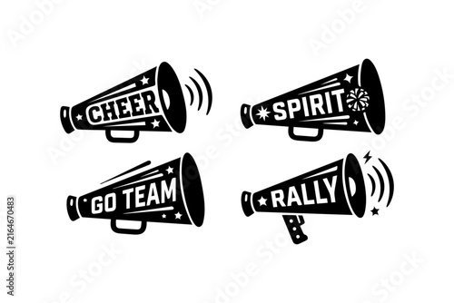 Set of retro black megaphones with lettering cheer spirit and go team megaphone silhouette spirit horn