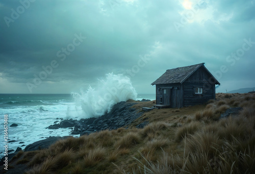 A massive wave crashes against rocky cliffs beside a small, weathered wooden cabin perched on a windswept coastal hillside under a stormy sky.