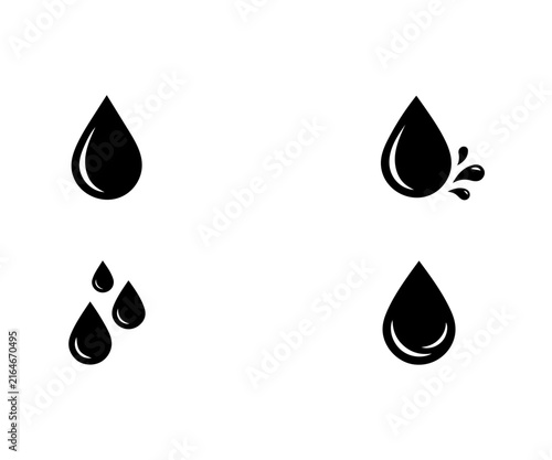Foto Set of black water drop silhouettes and liquid splash symbols with black droplet