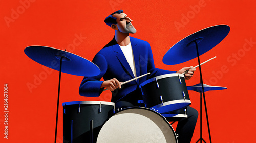 Mid-century modern style illustration of a stylized jazz drummer playing a drum kit against a vibrant red background created with Generative AI Technology, ai, generative
