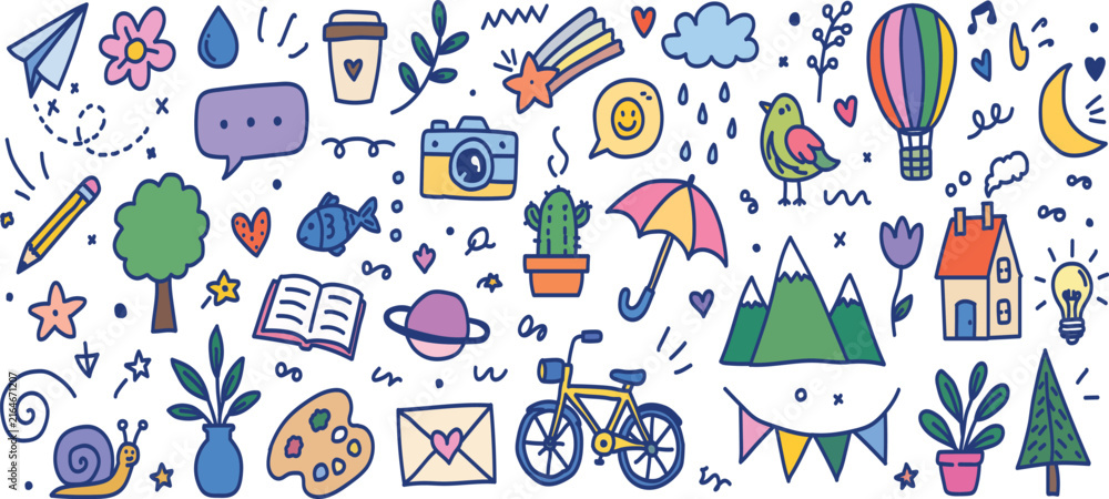 Fototapeta premium Colorful Hand Drawn Doodle Icons and Everyday Elements Vector Set