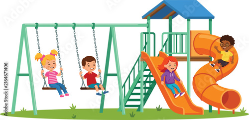 Cute Cartoon Happy Kids Playing on Backyard Playground Structure Vector Design Featuring Children on Swings Straight Slide and Orange Spiral Tunnel Slide
