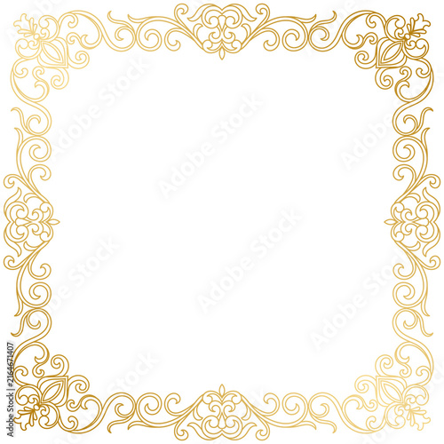 Rectangular gold frame with a vintage pattern and scrolled edges.