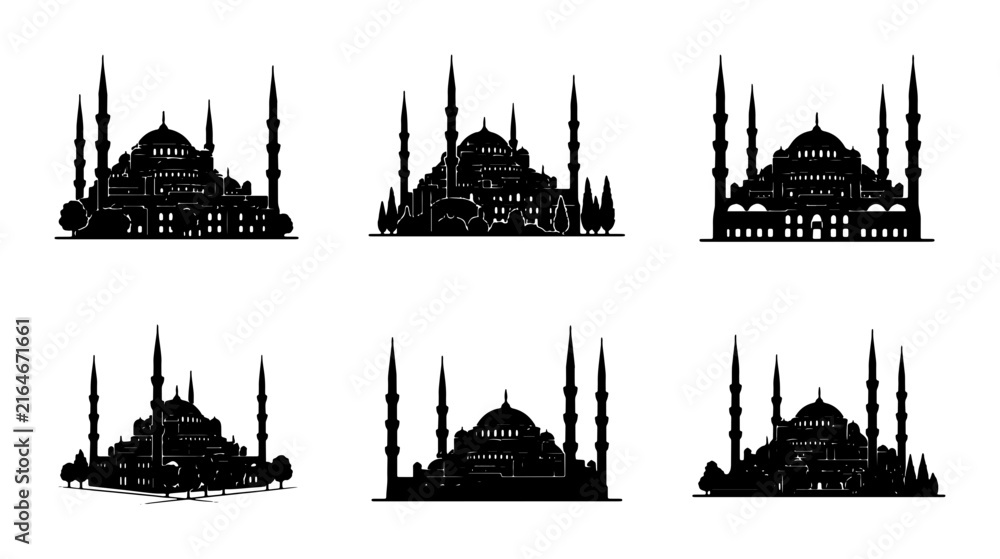 Fototapeta premium Mosque Silhouettes, Islamic Architecture Collection, Religious Building Icons, Cultural Landmark Vector Graphics, Black and White Landmark Set