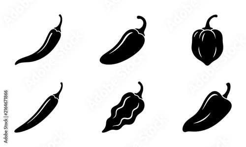 Foto Chili Pepper Icons, Spicy Food Vector Set, Hot Ingredient Silhouettes, Culinary