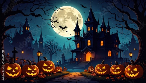 満月の夜に怪しく光るジャックオーランタンと不気味な洋館のハロウィン背景イラスト