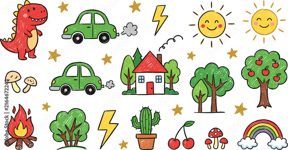 Fototapeta premium Cute Crayon Hand Drawn Style Vector Element Set Featuring Cartoon Dinosaur Green Car House Trees Sun and Rainbow for Kids Textured Designs