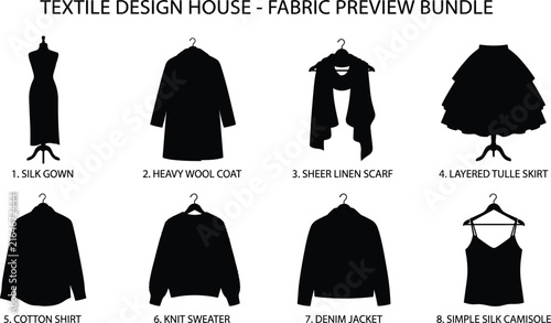 Foto Textile and clothing icon set featuring mannequin gown coat scarf skirt shirt sw