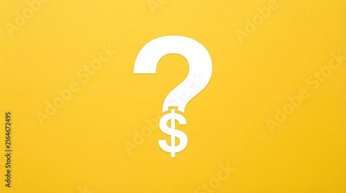 White question mark symbol with a dollar sign at the bottom isolated on a solid yellow background, representing financial uncertainty