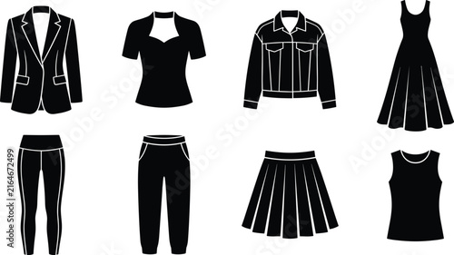 Bild auf Leinwand Women fashion clothing black silhouette icon set featuring blazer denim jacket d