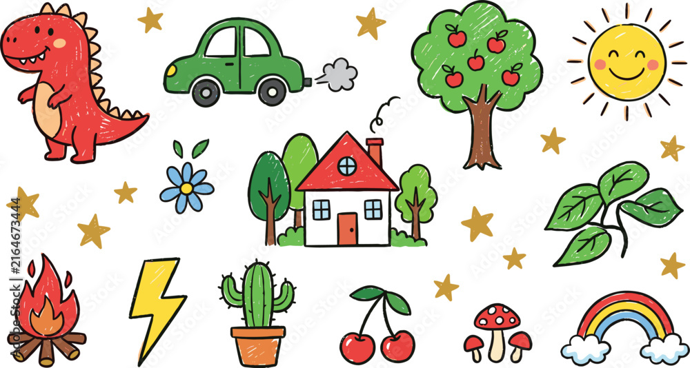 Fototapeta premium Cute Crayon Hand Drawn Texture Vector Element Set Featuring Cartoon Red Dinosaur Green Car House Apple Tree Sun and Rainbow for Kids Designs