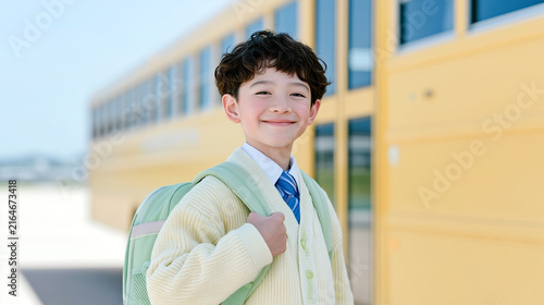 Portrait of n elegant schoolboy with a yellow school bus on the background. 