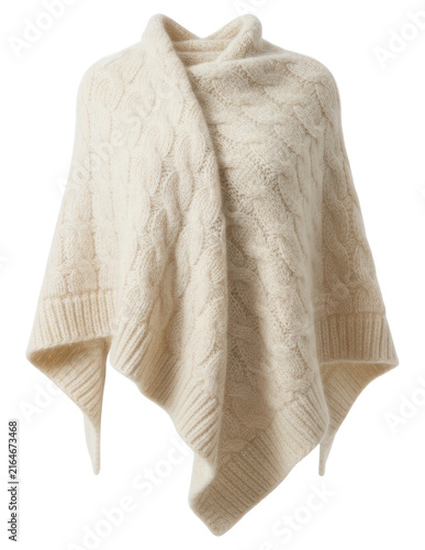 Elegant beige cable knit cashmere poncho for winter transparent background