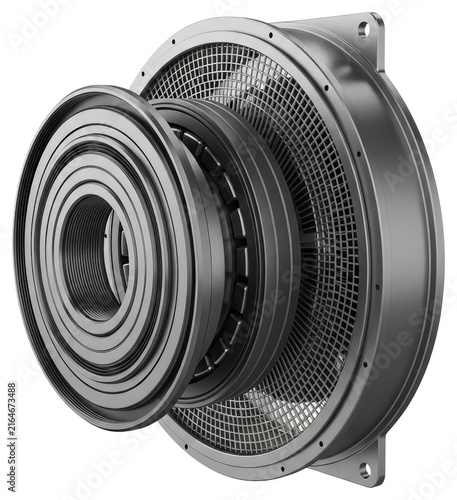 Industrial mechanical turbine fan assembly component isolated on transparent
