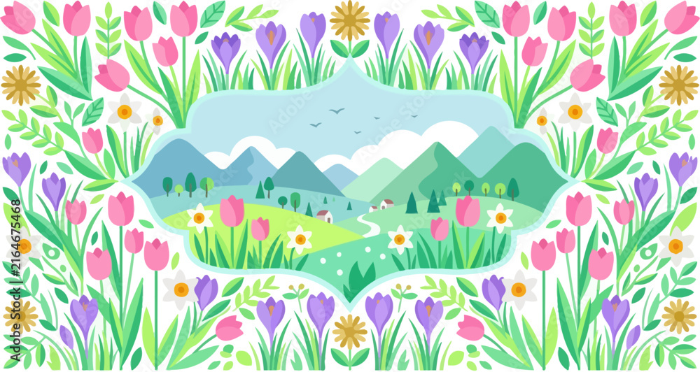 Fototapeta premium Spring valley landscape view is framed by a border of colorful tulips and crocuses.