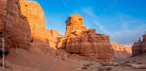 Charyn Canyon, Valley of Castles. The excellence of Kazakhstan. Panorama of natural unusual landscape. The red canyon of extraordinary beauty looks like a Martian landscape.