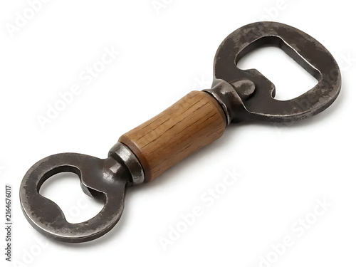 Vintage metal bottle opener with wooden handle isolated on whitet background for bar or kitchen use