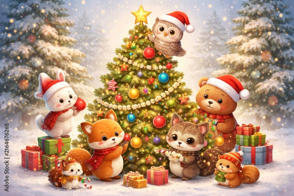 Naklejka premium Festive animals celebrate Christmas joyfully.