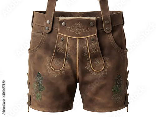 A pair of traditional Bavarian lederhosen, isolated on pure white background