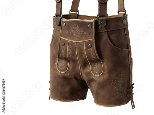 Brown leather lederhosen shorts with suspenders for traditional Bavarian costume isolated on white