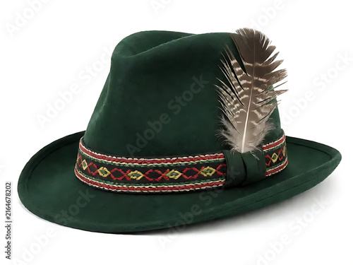 A traditional German Alpine hat decorated with a feather, isolated on pure white background