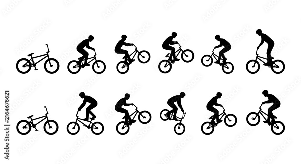 Fototapeta premium BMX Bike Rider Silhouette Sequence, Bicycle Trick Animation, Extreme Sports Action Vector