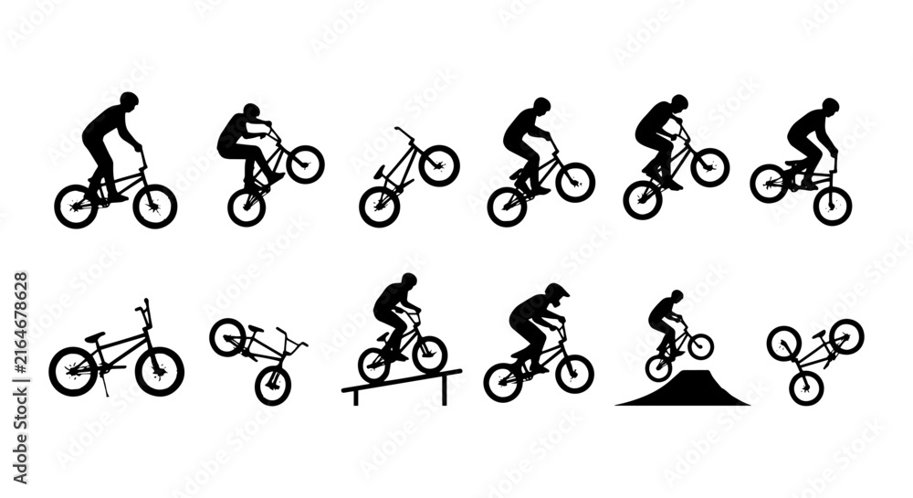 Fototapeta premium BMX Bike Trick Silhouettes, Extreme Cycling Action Poses, Dynamic Sports Performance Icons