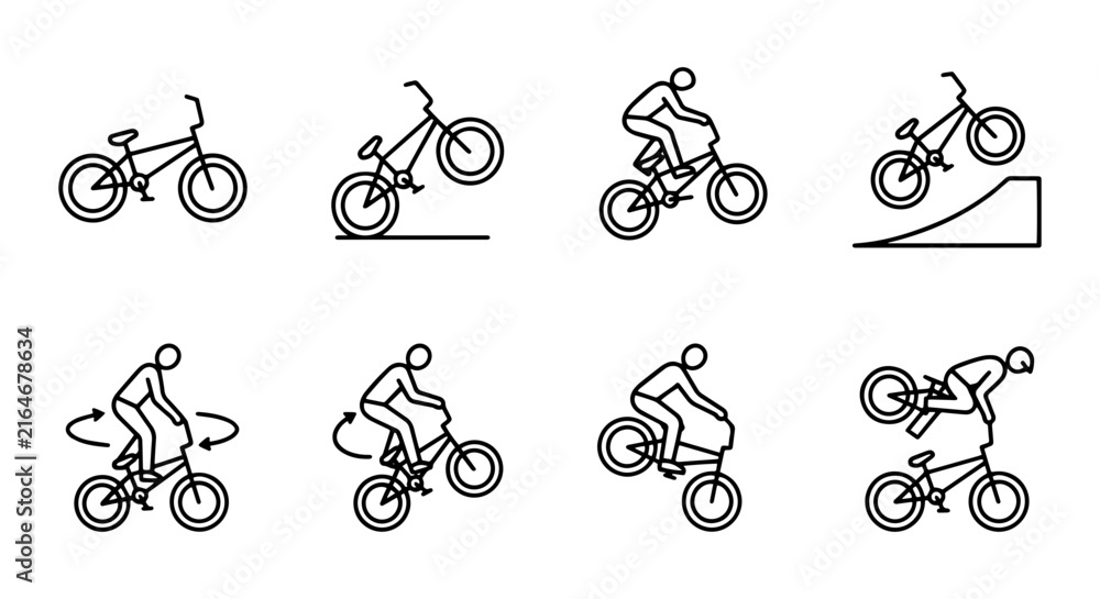 Fototapeta premium BMX Bike Tricks, Freestyle Cycling Actions, Extreme Sports Rider Poses, Vector Icons Set