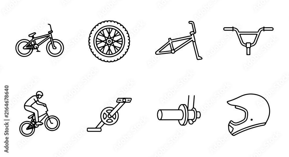 Fototapeta premium BMX Bike Components and Rider Vector Icons Set, Bicycle Parts and Sports Gear Graphics