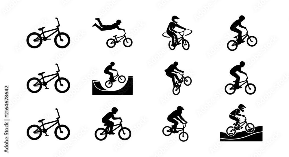 Fototapeta premium BMX Bike Silhouettes, Extreme Sports Action, Bicycle Tricks Vector Icons Set