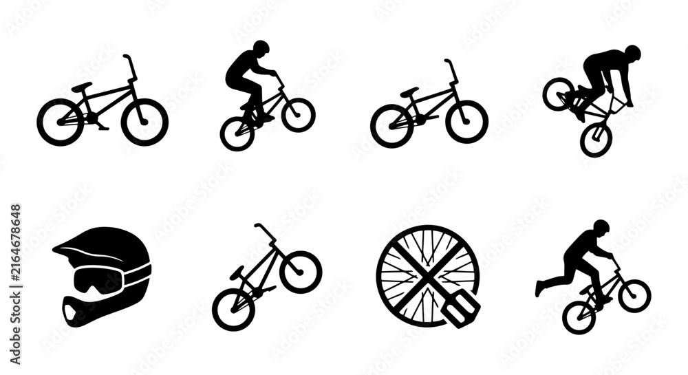 Fototapeta premium BMX Bike Action Icons Set, Bicycle Sports Silhouettes, Extreme Cycling Graphics, Vector Elements