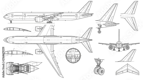 Large Airplane 2D AutoCAD Technical Vector Drawing, Detailed Aircraft Blueprint Illustration