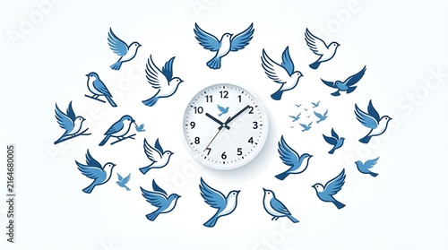 A white wall clock surrounded by a pattern of blue flying bird concept of time and nature, minimalist