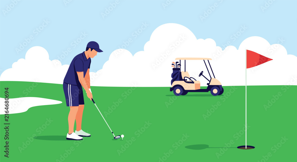 Obraz premium Athletic male golfer preparing to take a swing on a green golf course with golf cart and red flag in the background.
