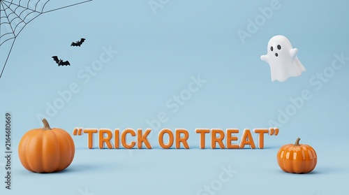 Minimalist 3 d halloween pumpkins with ghost and bat