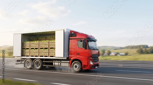Produce delivery truck transporting crates on highway