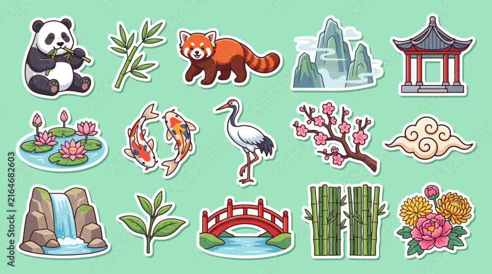 Naklejka premium Vibrant asian culture vector sticker set featuring adorable animals iconic pagodas scenic landscapes beautiful flowers and traditional botanical decorative design elements