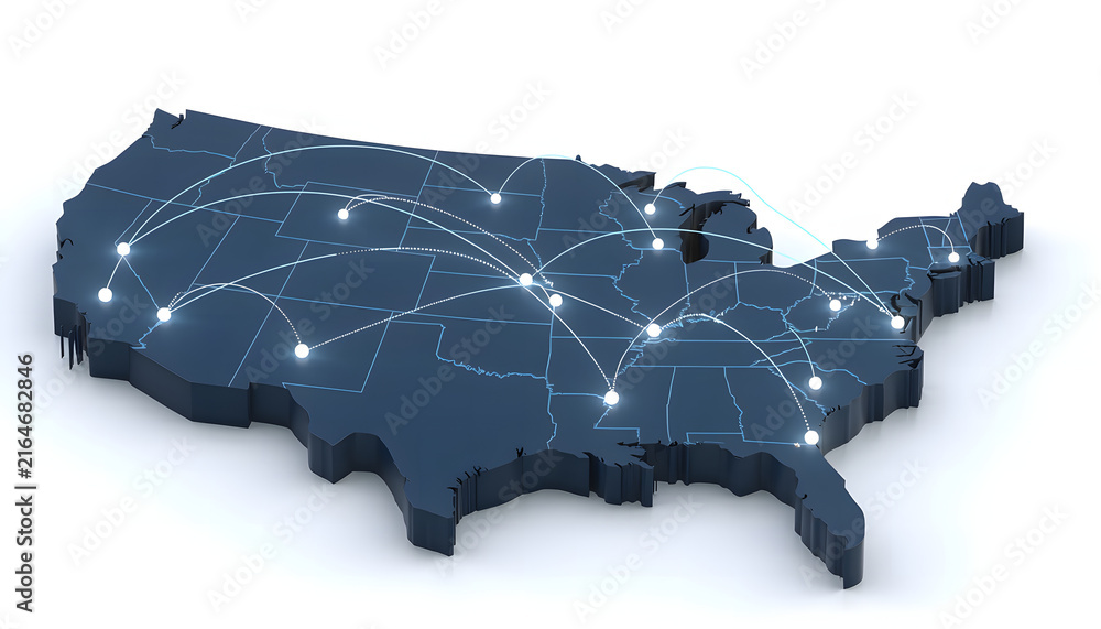 Obraz premium 3D map of communication network infrastructure and digital connectivity across the United States.
